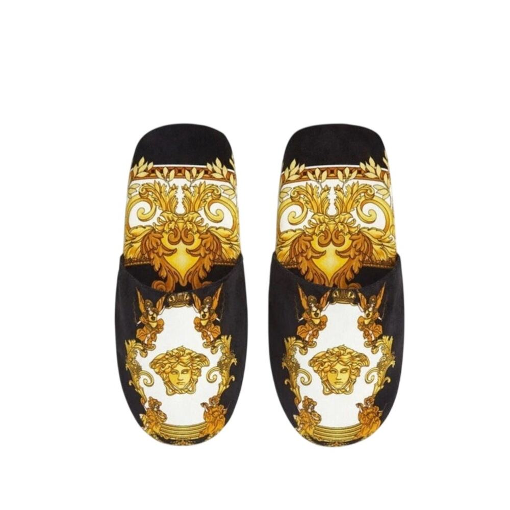 Versace Medusa Renaissance-Print Slippers Black Gold Size S (6-7)  NWT